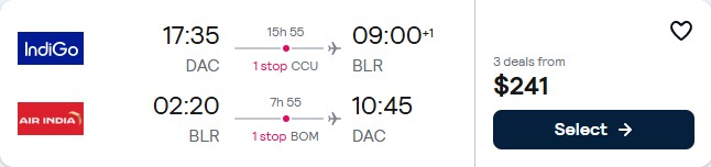 Click here to book this cheap flight deal. Cheap flights from Dhaka, Bangladesh to Bangalore, India for only $241 USD roundtrip. Flight deal ticket image.