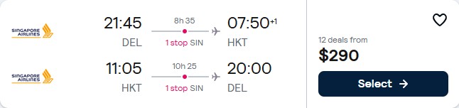 Click here to book this cheap flight deal. Cheap flights from Delhi, India to Phuket, Thailand for only $290 USD roundtrip with Singapore Airlines. Flight deal ticket image.