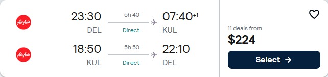 Click here to book this cheap flight deal. Non-stop flights from Delhi, India to Kuala Lumpur, Malaysia for only $224 USD roundtrip. Flight deal ticket image.