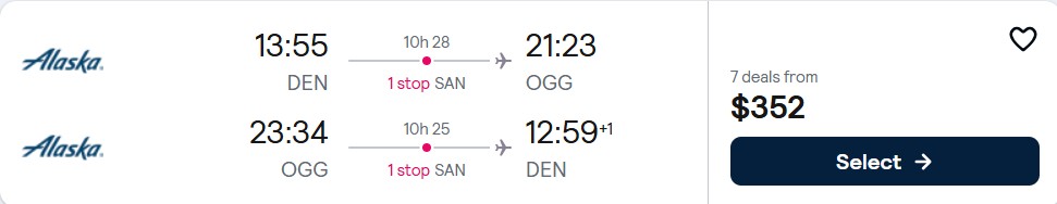 Click here to book this cheap flight deal. Cheap flights from Denver, Colorado to Kahului, Hawaii for only $352 roundtrip with Alaska Airlines. Also works in reverse. Flight deal ticket image.