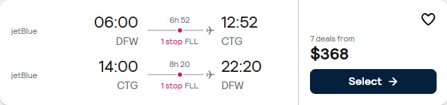 Cheap flights from Dallas, Texas to Cartagena, Colombia for only $368 roundtrip with JetBlue. Flight deal ticket image.