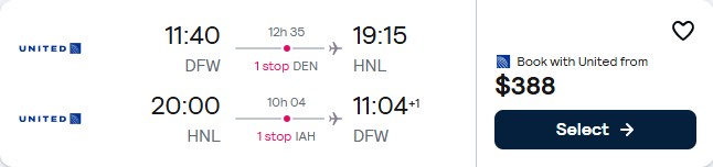 Click here to book this cheap flight deal. Summer flights from Dallas, Texas to Honolulu, Hawaii for only $388 roundtrip with United Airlines. Also works in reverse. Flight deal ticket image.