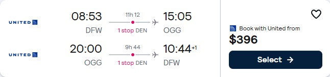 Click here to book this cheap flight deal. Summer flights from Dallas, Texas to Kahului, Hawaii for only $396 roundtrip with United Airlines. Also works in reverse. Flight deal ticket image.