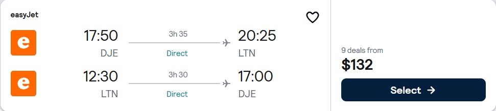 Click here to book this cheap flight deal. Non-stop flights from Djerba, Tunisia to London, UK for only $132 USD roundtrip. Flight deal ticket image.