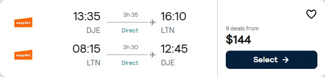 Non-stop flights from Djerba, Tunisia to London, UK for only $144 USD roundtrip. Flight deal ticket image.
