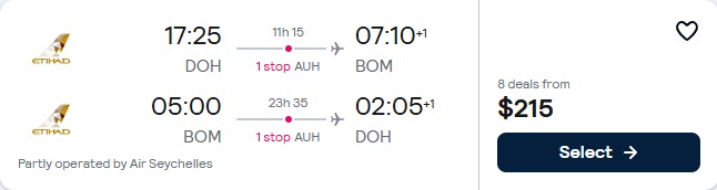 Click here to book this cheap flight deal. Cheap flights from Doha, Qatar to Mumbai, India for only $212 USD roundtrip with Etihad Airways. Flight deal ticket image.