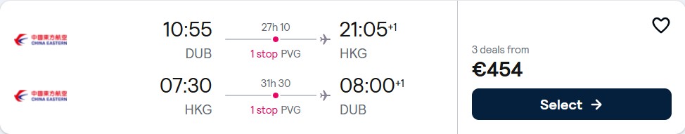 Cheap flights from Dublin, Ireland to Hong Kong for only €454 roundtrip. Flight deal ticket image.