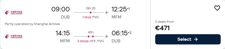 Click here to book this cheap flight deal. Cheap flights from Dublin, Ireland to Macau, China for only €471 roundtrip. Flight deal ticket image.