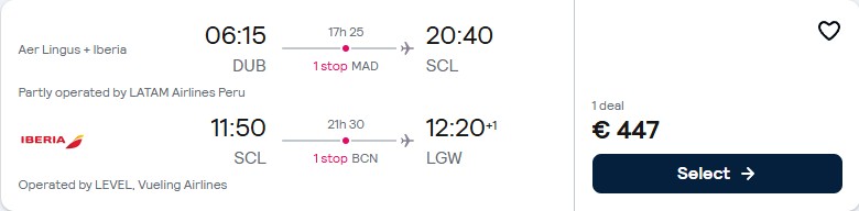 Click here to book this cheap flight deal. Open-jaw flights from European cities to Santiago, Chile from only €447 roundtrip with Aer Lingus and LATAM Airlines. Flight deal ticket image.