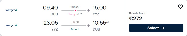 Click here to book this cheap flight deal. Cheap flights from Dublin, Ireland to Toronto, Canada for only €272 roundtrip. Flight deal ticket image.