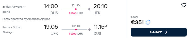Click here to book this cheap flight deal. Cheap flights from Dusseldorf, Germany to New York, USA for only €351 roundtrip with British Airways. Flight deal ticket image.