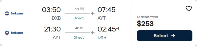 Non-stop, Christmas flights from Dubai, UAE to Antalya, Turkey for only $253 USD roundtrip. Flight deal ticket image.