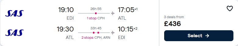 Cheap flights from Edinburgh, Scotland to Atlanta, USA for only £436 roundtrip with Scandinavian Airlines. Flight deal ticket image.