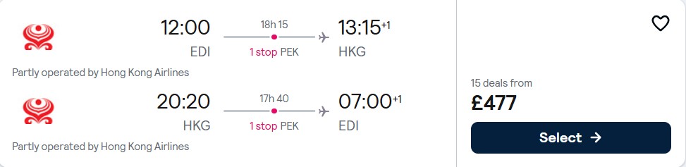 Click here to book this cheap flight deal. Cheap flights from Edinburgh, Scotland to Hong Kong for only £477 roundtrip with Hainan Airlines. Flight deal ticket image.