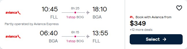 Click here to book this cheap flight deal. Summer flights from Fort Lauderdale to Bucaramanga, Colombia for only $349 roundtrip with Avianca. Flight deal ticket image.