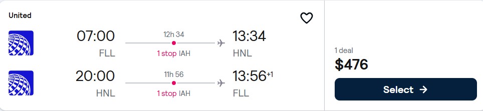 Cheap flights from Fort Lauderdale to Honolulu, Hawaii for only $476 roundtrip with United Airlines. Also works in reverse. Flight deal ticket image.