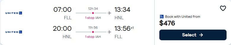 Click here to book this cheap flight deal. Cheap flights from Fort Lauderdale to Honolulu, Hawaii for only $476 roundtrip with United Airlines. Also works in reverse. Flight deal ticket image.