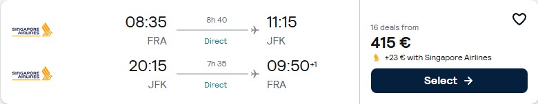 Click here to book this cheap flight deal. Non-stop flights from Frankfurt, Germany to New York, USA for only €415 roundtrip with Singapore Airlines. Flight deal ticket image.