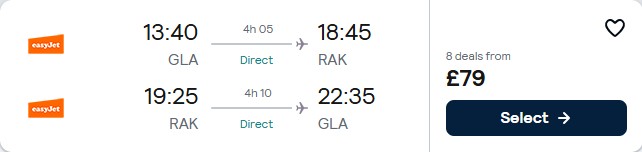 Click here to book this cheap flight deal. Non-stop flights from Glasgow, Scotland to Marrakesh, Morocco for only £79 roundtrip. Flight deal ticket image.