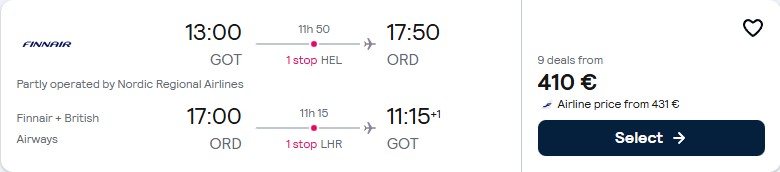 Click here to book this cheap flight deal. Cheap flights from Gothenburg, Sweden to Chicago, USA for only €410 roundtrip with Finnair and British Airways. Flight deal ticket image.