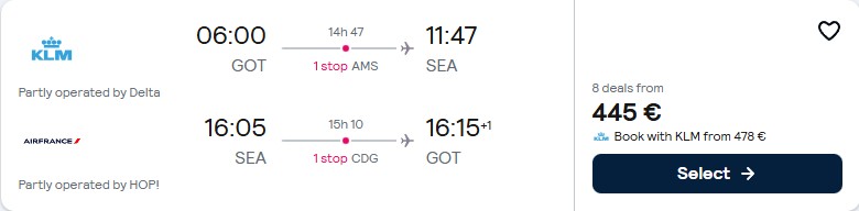 Cheap flights from Gothenburg, Sweden to Seattle, USA for only €441 roundtrip with KLM, Delta Air Lines and Air France. Flight deal ticket image.