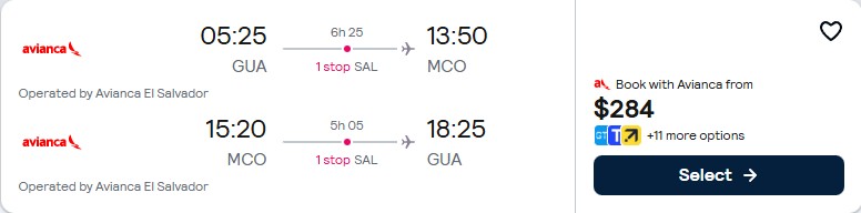 Click here to book this cheap flight deal. Cheap flights from Guatemala City, Guatemala to Orlando, Florida for only $284 USD roundtrip with Avianca. Flight deal ticket image.