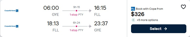 Click here to book this cheap flight deal. Summer flights from Guayaquil, Ecuador to Fort Lauderdale, USA for only $326 USD roundtrip with Copa Airlines. Flight deal ticket image.