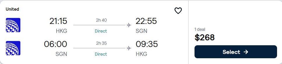 Click here to book this cheap flight deal. Non-stop flights from Hong Kong to Ho Chi Minh City, Vietnam for only $268 USD roundtrip with United Airlines. Flight deal ticket image.