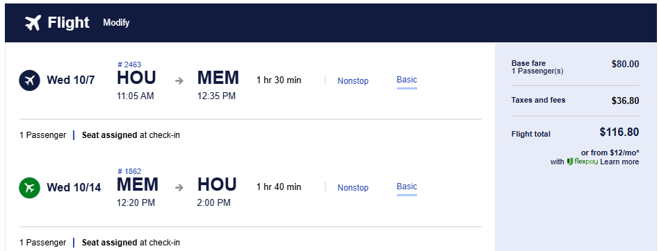 Click here to book this cheap flight deal. Non-stop flights from Houston, USA to Memphis, USA for only $116 roundtrip. Also works in reverse. Flight deal ticket image.