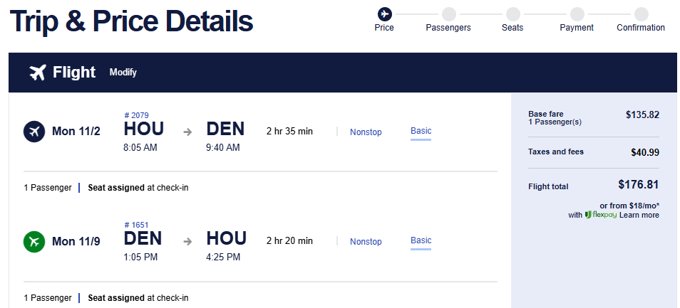 Click here to book this cheap flight deal. Non-stop flights from Houston, USA to Denver, USA for only $176 roundtrip. Also works in reverse. Flight deal ticket image.