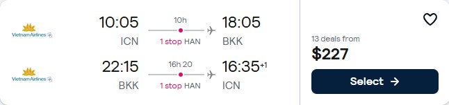 Click here to book this cheap flight deal. Cheap flights from Seoul, South Korea to Bangkok, Thailand for only $227 USD roundtrip with Vietnam Airlines. Flight deal ticket image.