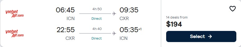 Click here to book this cheap flight deal. Non-stop flights from Seoul, South Korea to Nha Trang, Vietnam for only $194 USD roundtrip. Flight deal ticket image.