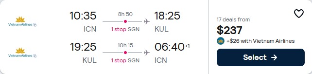 Cheap flights from Seoul, South Korea to Kuala Lumpur, Malaysia for only $237 USD roundtrip with Vietnam Airlines. Flight deal ticket image.