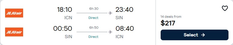 Click here to book this cheap flight deal. Non-stop flights from Seoul, South Korea to Singapore for only $217 USD roundtrip. Flight deal ticket image.