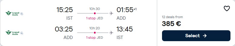 Cheap flights from Istanbul, Turkey to Addis Ababa, Ethiopia for only €385 roundtrip. Flight deal ticket image.