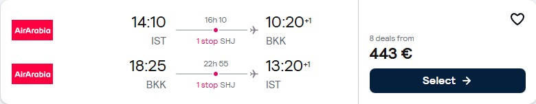 Cheap flights from Istanbul, Turkey to Bangkok, Thailand for only €443 roundtrip. Flight deal ticket image.
