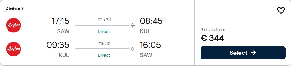 Non-stop flights from Istanbul, Turkey to Kuala Lumpur, Malaysia for only €344 roundtrip. Flight deal ticket image.
