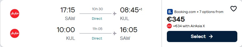 Non-stop flights from Istanbul, Turkey to Kuala Lumpur, Malaysia for only €345 roundtrip. Flight deal ticket image.