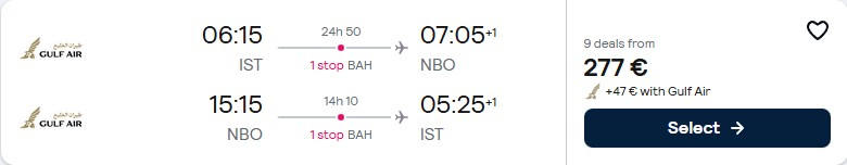 Click here to book this cheap flight deal. Cheap flights from Istanbul, Turkey to Nairobi, Kenya for only €277 roundtrip. Flight deal ticket image.