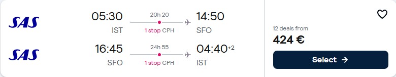 Click here to book this cheap flight deal. Cheap flights from Istanbul, Turkey to San Francisco, USA for only €424 roundtrip with Scandinavian Airlines. Flight deal ticket image.