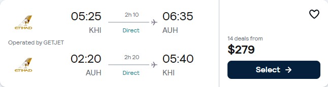 Click here to book this cheap flight deal. Non-stop flights from Karachi, Pakistan to Abu Dhabi, UAE for only $279 USD roundtrip with Etihad Airways. Flight deal ticket image.