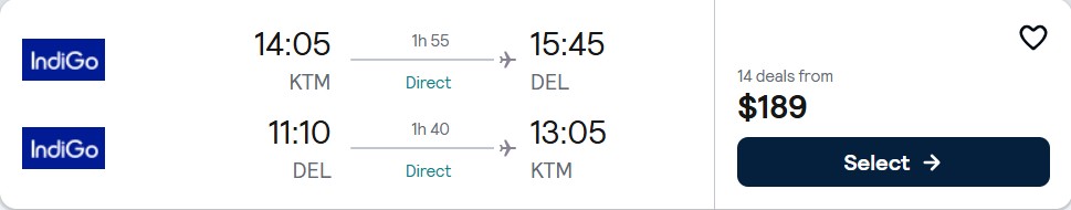 Click here to book this cheap flight deal. Non-stop flights from Kathmandu, Nepal to Delhi, India for only $189 USD roundtrip. Flight deal ticket image.