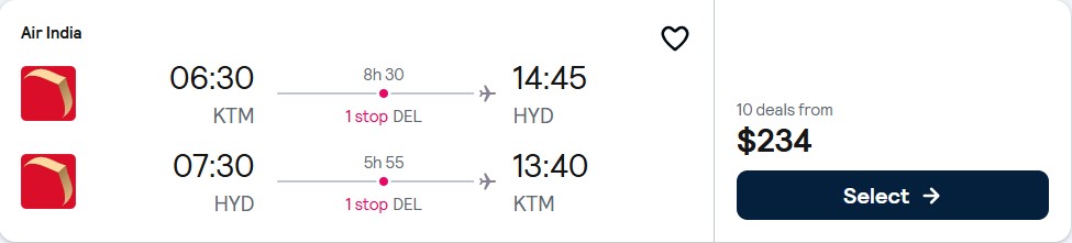 Click here to book this cheap flight deal. Cheap flights from Kathmandu, Nepal to Hyderabad, India for only $234 USD roundtrip. Flight deal ticket image.