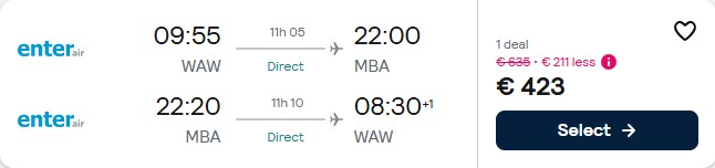 Click here to book this cheap flight deal. Non-stop, summer, last minute flights from Katowice or Warsaw, Poland to Mombasa, Kenya for only €423 roundtrip. Flight deal ticket image.