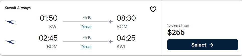 Non-stop, Christmas and New Year flights from Kuwait City, Kuwait to Mumbai, India for only $255 USD roundtrip. Flight deal ticket image.
