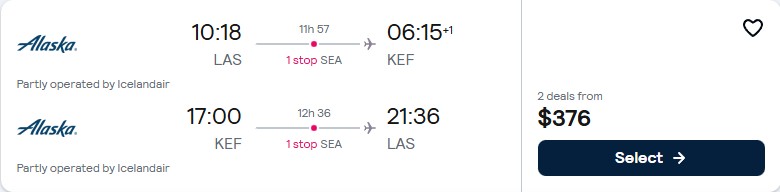 Click here to book this cheap flight deal. Cheap flights from Western USA to Reykjavik, Iceland from only $376 roundtrip with Alaska Airlines. Flight deal ticket image.