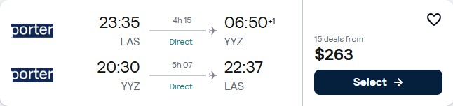 Click here to book this cheap flight deal. Non-stop flights from Las Vegas to Toronto, Canada for only $263 roundtrip. Flight deal ticket image.