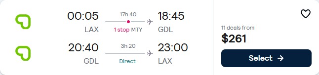 Summer flights from Los Angeles to Guadalajara, Mexico for only $261 roundtrip. Flight deal ticket image.