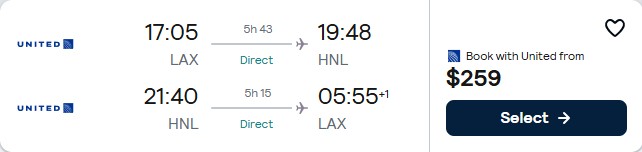 Non-stop, summer flights from Los Angeles to Honolulu, Hawaii for only $259 roundtrip with United Airlines. Also works in reverse. Flight deal ticket image.