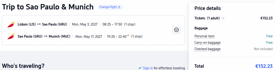 Click here to book this cheap flight deal. Error Fare, open-jaw flights from European cities to Latin America from only €152 roundtrip with Iberia. Flight deal ticket image.